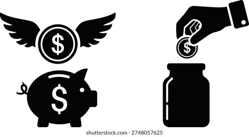 Black and white icons representing saving money in a piggy bank and investing or spending it