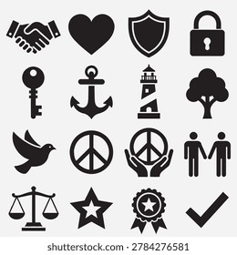 Black and white icons representing various symbols for trust security peace and unity with transparent background