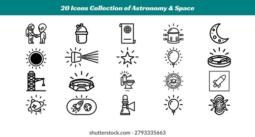 Black and white icons representing various themes related to astronomy, space, and celestial phenomena.
