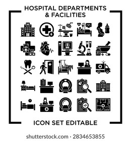 Black and white icons representing various hospital departments and medical facilities