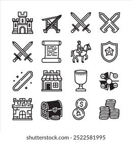 A black and white  icons set  for a medieval game vector Design.