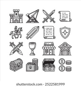 A black and white  icons set  for a medieval game vector Design.