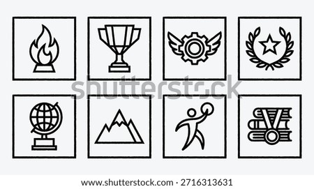 Black and white icons set representing success and achievement symbols