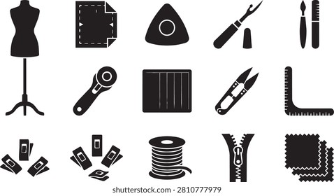 Black and white icons of sewing tools and materials