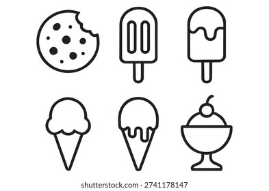 Black and white icons showcasing an assortment of frozen desserts and a chocolate chip cookie.