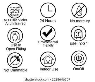 
Ícones preto e branco mostrando características do produto: sem UV e IR, 24 horas, sem mercúrio, adequado para acessórios abertos, eco-friendly, uso em 3 polegadas, não-dimmable, uso interno, interruptor de desligar.