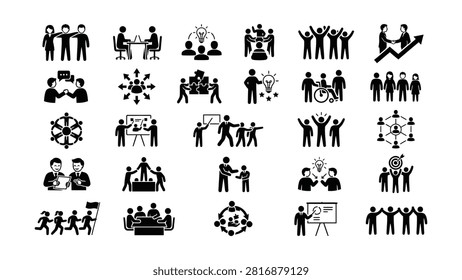 Black and white icons showing various teamwork and business collaboration activities