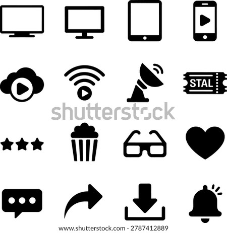 Black and White Icons Showing Various Media Devices Streaming Entertainment and User Interaction Elements