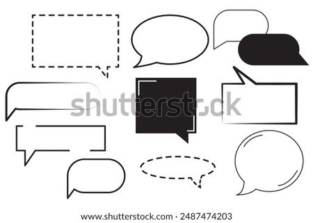 Black and white icons. Speech bubble vector. Various shapes set. Outline and solid.