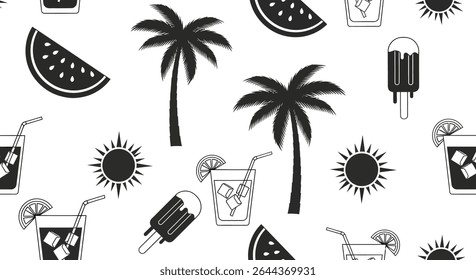 Ícones pretos e brancos do verão: palmeiras, bebidas com palha e fatias de limão, fatias de melancia, sóis e picolés gotejantes.