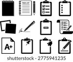 Black and white icons of task lists, clipboards, and paperwork for business and organization concepts