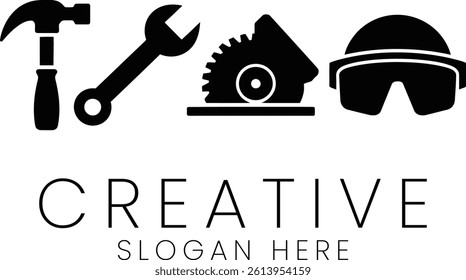 Black and white icons of tools and safety gear. Perfect for construction or industrial designs.