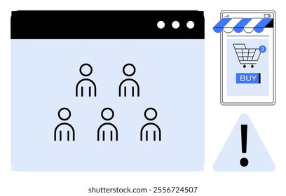 Black and white icons of users inside a web browser, an online store with a shopping cart, and an exclamation mark. Ideal for e-commerce, web design, online shopping, user interface, digital