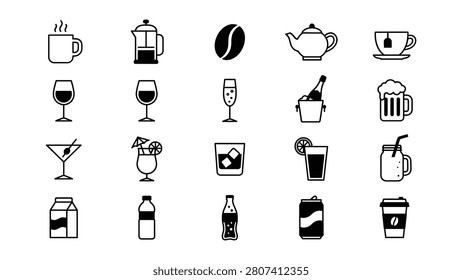 Black and white icons of various drinks and coffee cups on white background