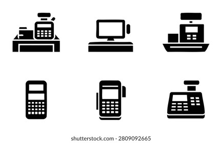 Black and white icons of various electronic devices and office equipment payment terminals