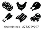 Black and white icons of various meat cuts and a chicken on a plain background for food or cooking concepts