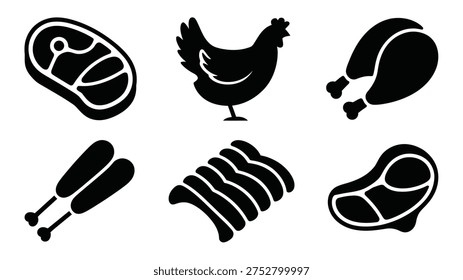Black and white icons of various meat cuts and a chicken on a plain background for food or cooking concepts