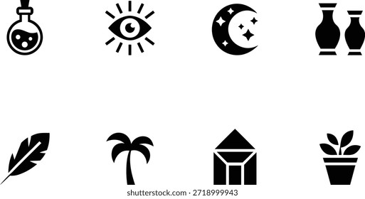Iconos blancos y negros de varios objetos sobre fondo blanco