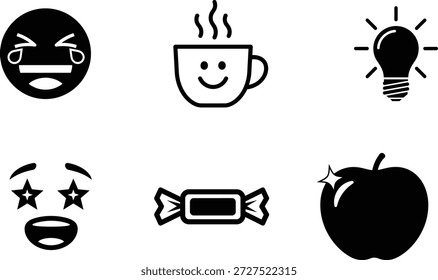 black and white icons of various objects and emoticons on white background