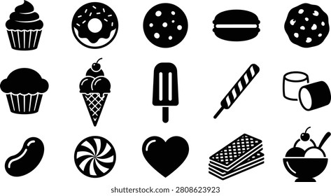 Black and white icons of various sweet treats and desserts