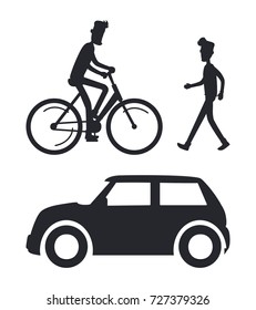 Black and white icons of walking man, bicyclist and vehicle. Vector illustration with people and transport isolated on white background silhouettes