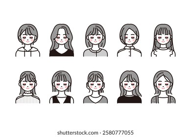 Black and white icons of young women with their eyes closed