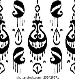 Black and white ikat asian traditional fabric seamless pattern, vector