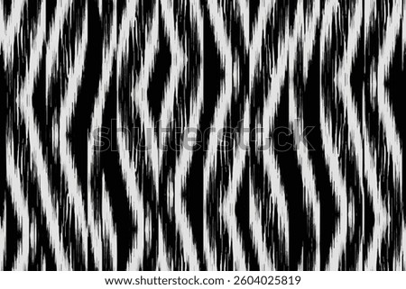 Black white ikat with blurred threads, vertical zigzag stripe and symmetrical movement, colorful ogee ornament over plain silk curtain, hand draw fashion detail in folklore, oriental and ethnicity