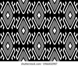 Black white ikat ethnic pattern, fabric motif template.