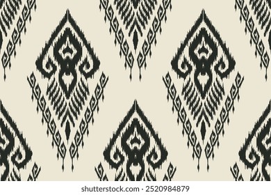 Black and white Ikat seamless pattern with tribal geometric motifs. Abstract ethnic design for wallpaper, textiles, and home decor. Handcrafted tribal art with traditional boho and cultural aesthetics