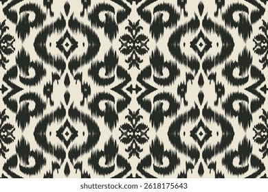 Black and white ikat seamless pattern with bold ethnic tribal design, traditional handwoven textile style, perfect for fashion fabric, home decor, wallpapers, and digital prints.