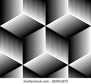 Black and white illusive abstract geometric seamless 3d pattern. Vector stylized infinite backdrop, best for graphic and web design.
