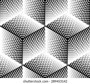 Black and white illusive abstract geometric seamless 3d pattern. Vector stylized infinite backdrop, best for graphic and web design.