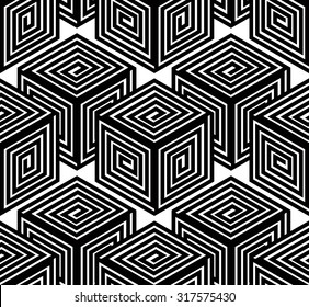 Black and white illusive abstract geometric seamless 3d pattern. Vector stylized infinite backdrop, best for graphic and web design.