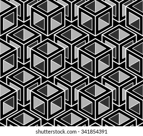 Black and white illusive abstract geometric seamless 3d pattern. Vector stylized infinite backdrop, best for graphic and web design.