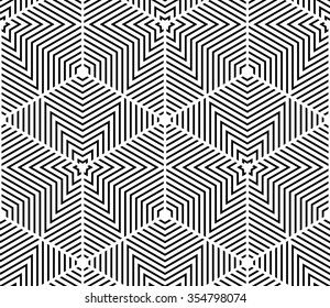 Black and white illusive abstract geometric seamless 3d pattern. Vector stylized infinite wallpaper, best for graphic and web design.