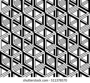 Black and white illusive abstract geometric seamless 3d pattern. Vector stylized infinite backdrop, best for graphic and web design.