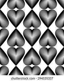 Black and white illusive abstract seamless pattern with romantic love hearts. Vector symmetric simple backdrop.