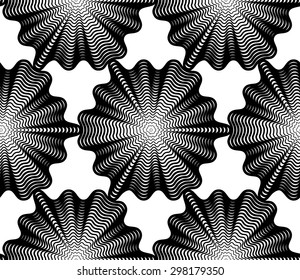 Black and white illusive abstract seamless pattern with geometric figures. Vector symmetric simple backdrop.