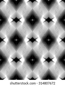 Black and white illusive abstract seamless pattern with overlapping shapes. Vector symmetric transparent backdrop.