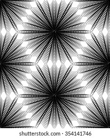 Black and white illusive abstract seamless pattern with geometric figures. Vector symmetric simple backdrop.
