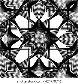 Black and white illusive abstract seamless pattern with overlapping shapes. Vector symmetric backdrop, kaleidoscope ornate.