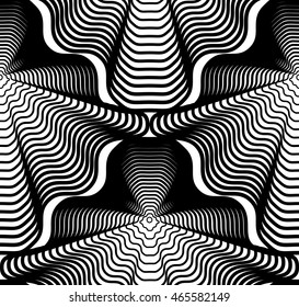Black and white illusive abstract seamless pattern with geometric figures. Vector symmetric simple backdrop.