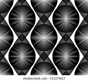 Black and white illusive abstract seamless pattern with overlapping shapes. Vector symmetric transparent backdrop.