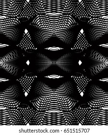 Black and white illusive abstract seamless pattern with overlapping shapes. Vector symmetric backdrop, kaleidoscope ornate.