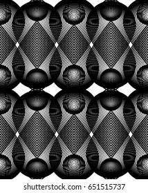 Black and white illusive abstract seamless pattern with overlapping shapes. Vector symmetric transparent backdrop.