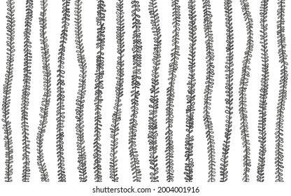Black and white illustrated abstract leaves line pattern background. Vector organic grunge pattern. Abstract background with brush strokes.