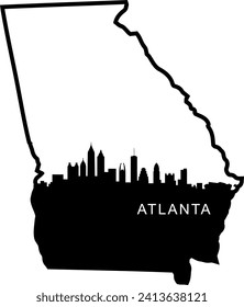 Black and white illustrated city of the Atlanta Georgia downtown buildings and landmarks skyline silhouette vector graphic inside of the border outline of the state. 