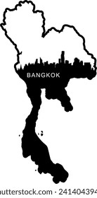 Black and white illustrated city of the Bangkok Thailand downtown buildings and landmarks skyline silhouette vector graphic inside of the border outline of the state. 