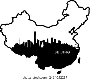 Black and white illustrated city of the Beijing China downtown buildings and landmarks skyline silhouette vector graphic inside of the border outline of the state. 